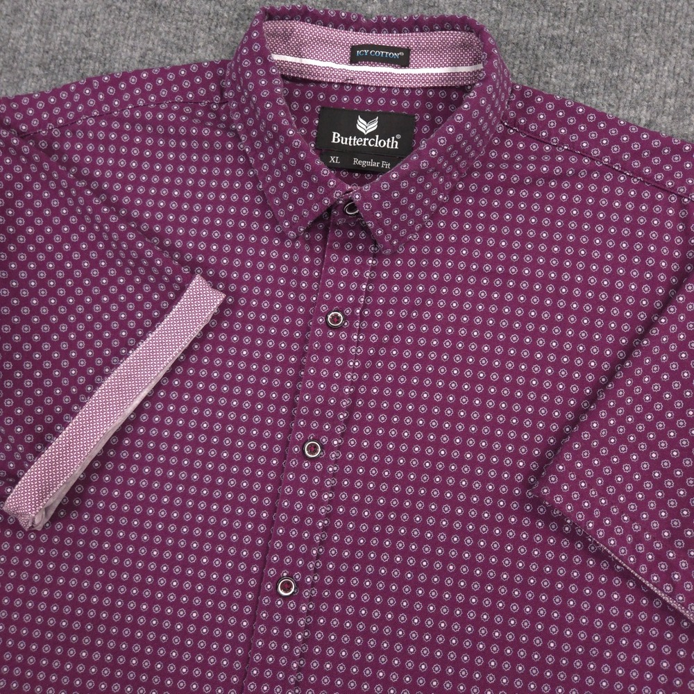 Buttercloth Icy Cotton Shirt Mens XL Purple Geometric Flip Cuff Short Sleeve